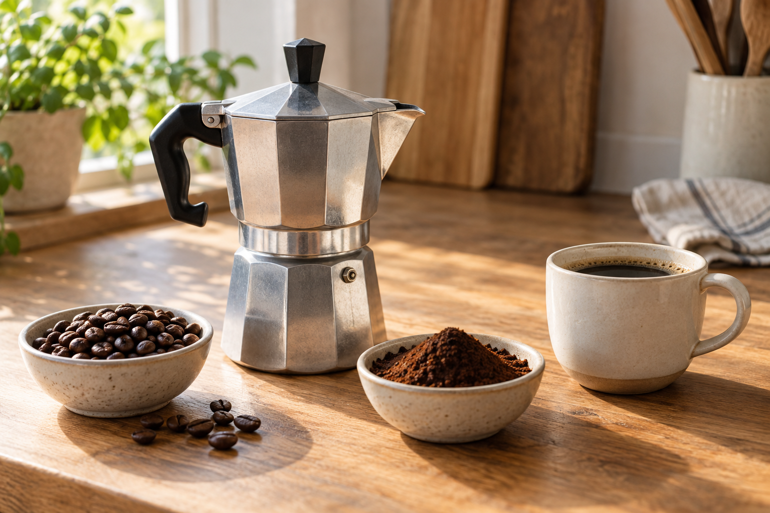 Editorial scene of a moka pot, whole beans and ground coffee