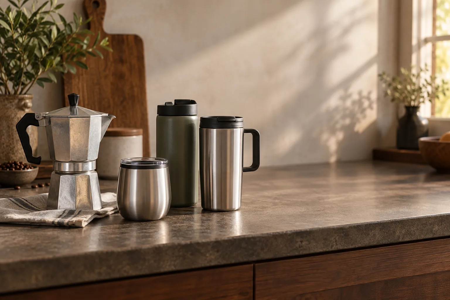 Editorial moka pot with three unbranded small insulated cups on a kitchen counter