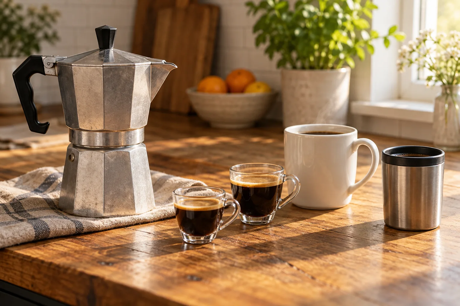 Moka pot with small coffee cups and a mug