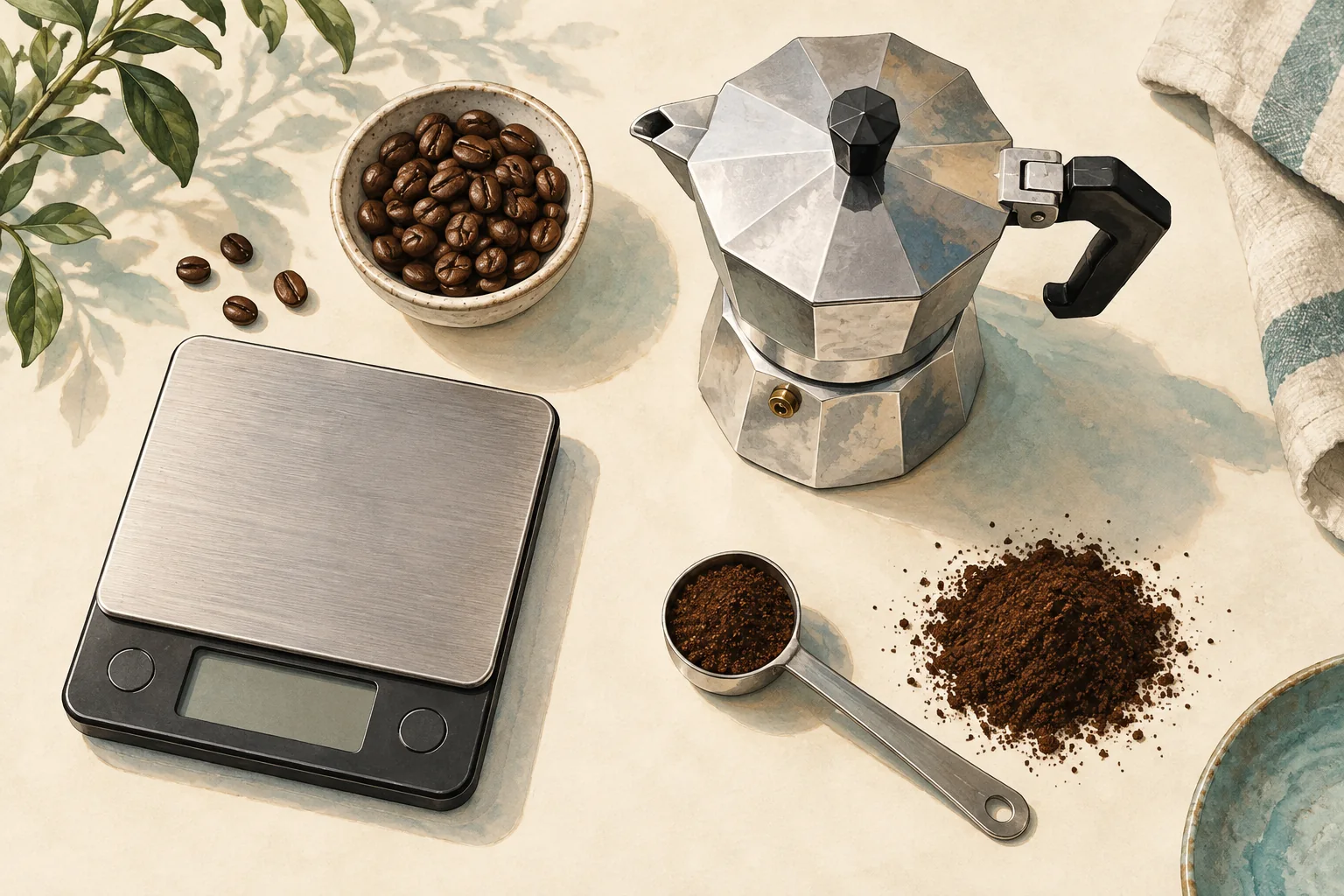 Editorial illustration of a moka pot, coffee scale, scoop and beans