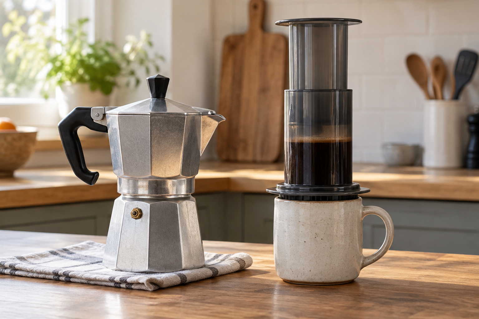 Editorial illustration of a moka pot beside a hand-press coffee brewer