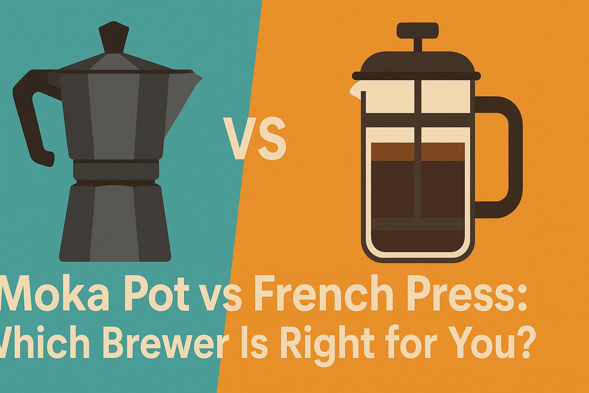 A moka pot and a french press standing side-by-side.
